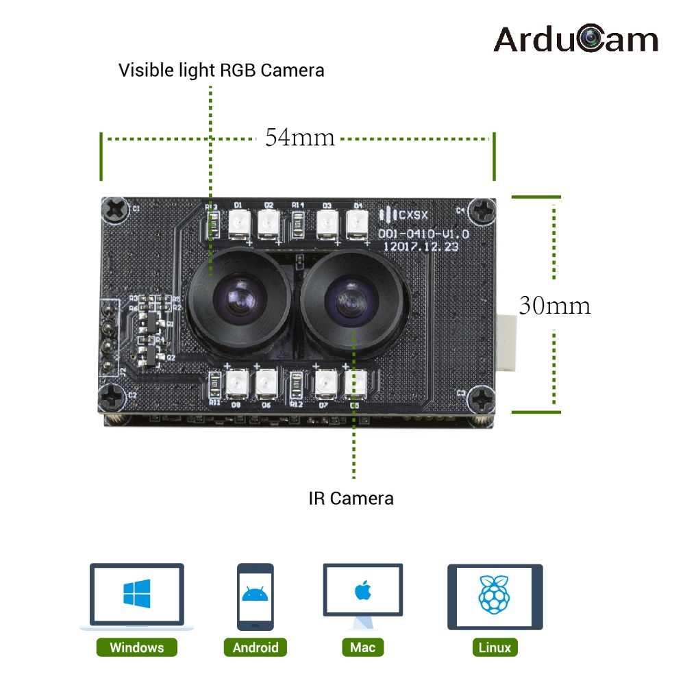 Arducam Stereo USB Camera, Synchronized Visible Light and Infrared Camera, 1080P Day and Night UVC USB2.0 Board Face Recognition and Biological Detection - Arducam