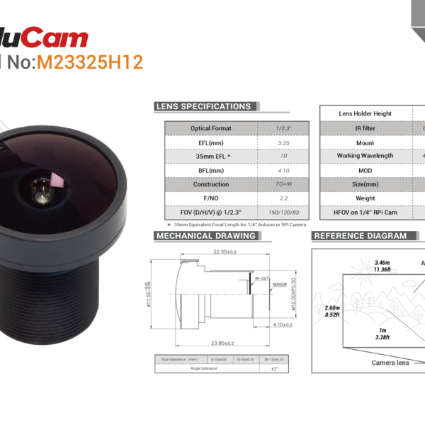 Arducam 120 Degree Wide Angle 1/2.3 inch M12 Lens with Lens
