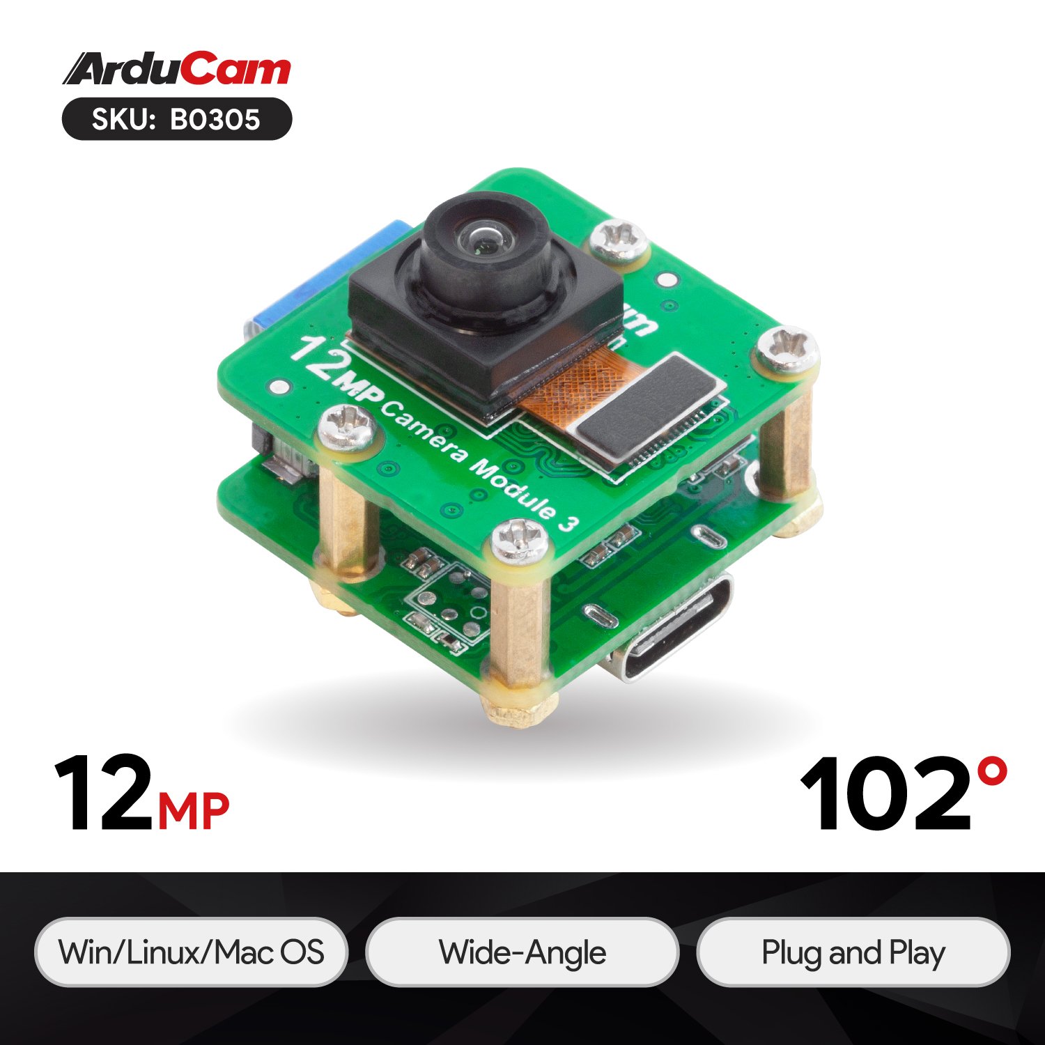 12MP IMX708 UVC 102° Wide Angle Fixed-Focus Camera Module 3 - Arducam